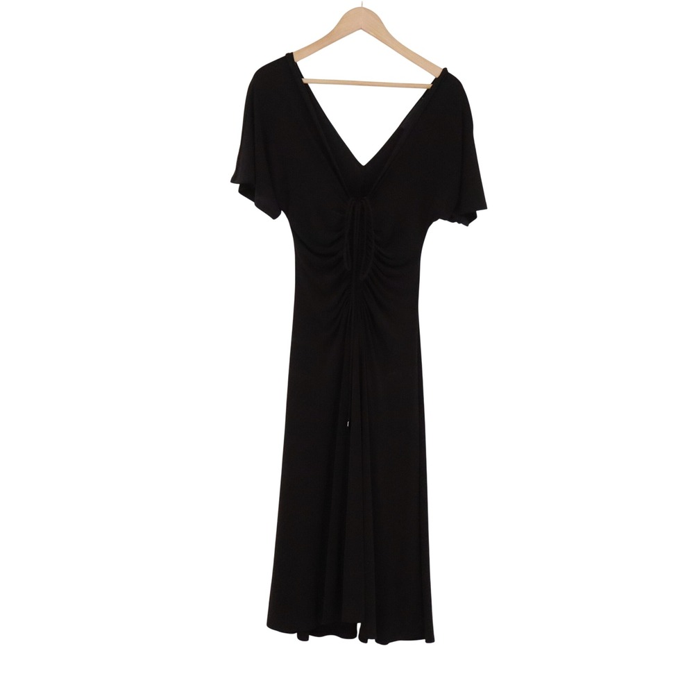 White House Black Market Dress Womens S Ruched V-Neck Black Midi Stretch Exc